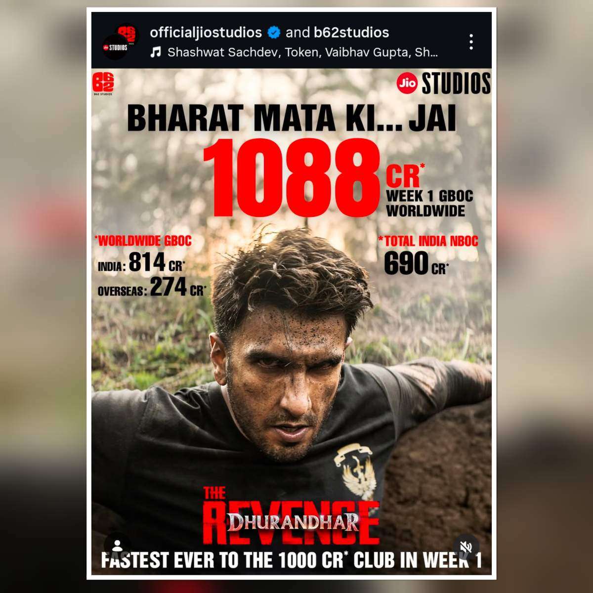 Dhurandhar 2 box office poster showing 1088 crore worldwide collection claim with Ranveer Singh intense look and week 1 global earnings breakdown