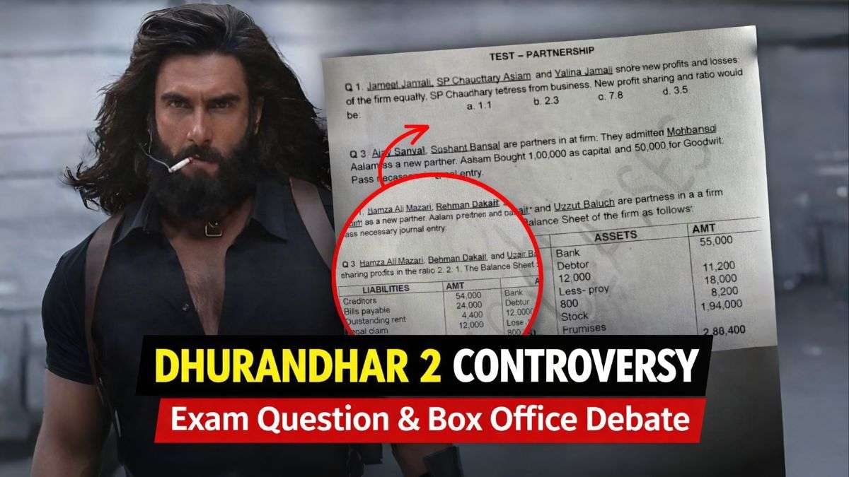 Dhurandhar 2 controversy featured image showing Ranveer Singh character alongside viral accounts exam question paper highlighting partnership problem and box office debate