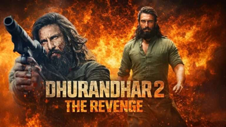 Dhurandhar 2 The Revenge movie poster featuring intense action look with fire background