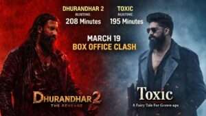 Dhurandhar 2 runtime 208 minutes and Toxic runtime 195 minutes revealed ahead of March 19, 2026 box office clash featuring intense red and blue cinematic visuals.