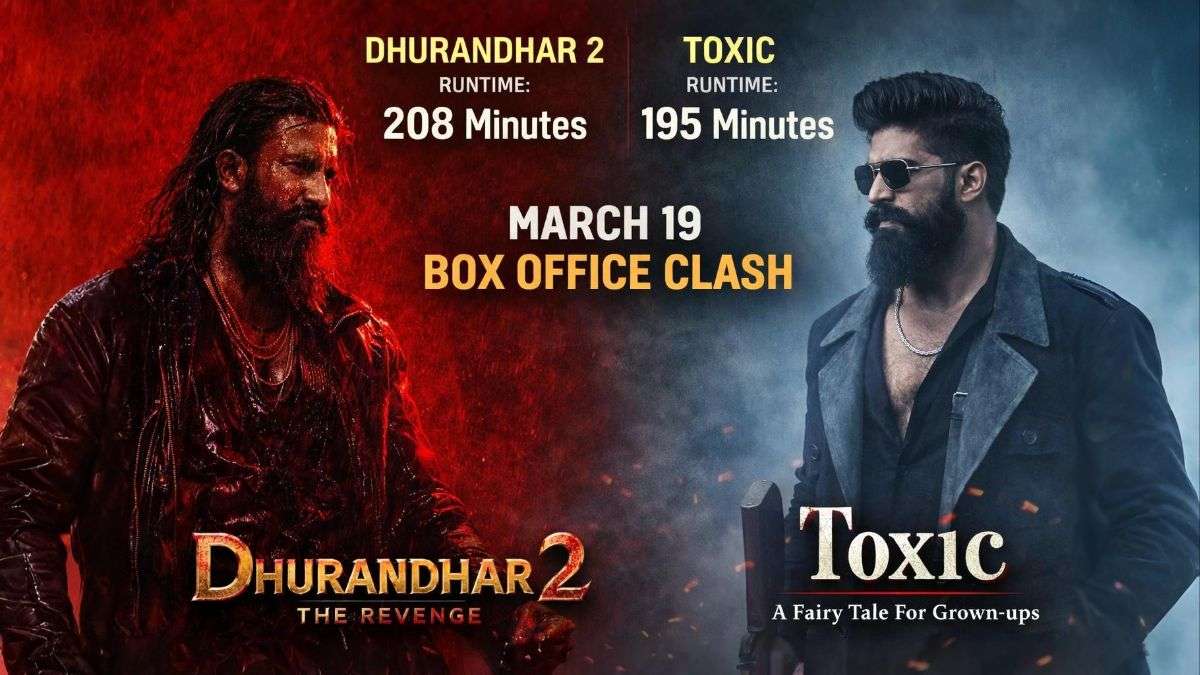 Dhurandhar 2 runtime 208 minutes and Toxic runtime 195 minutes revealed ahead of March 19, 2026 box office clash featuring intense red and blue cinematic visuals.