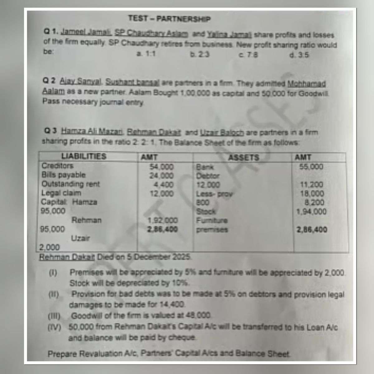 Dhurandhar characters featured in partnership accounts exam question paper showing liabilities and assets problem with Hamza Ali Mazari and Rehman Dakait names