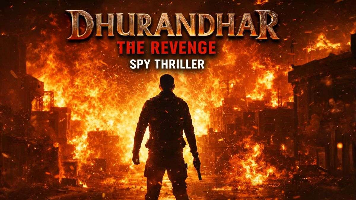 Dhurandhar The Revenge 2026 spy action thriller film poster showing an undercover agent standing in front of a massive explosion symbolizing a high-intensity espionage mission