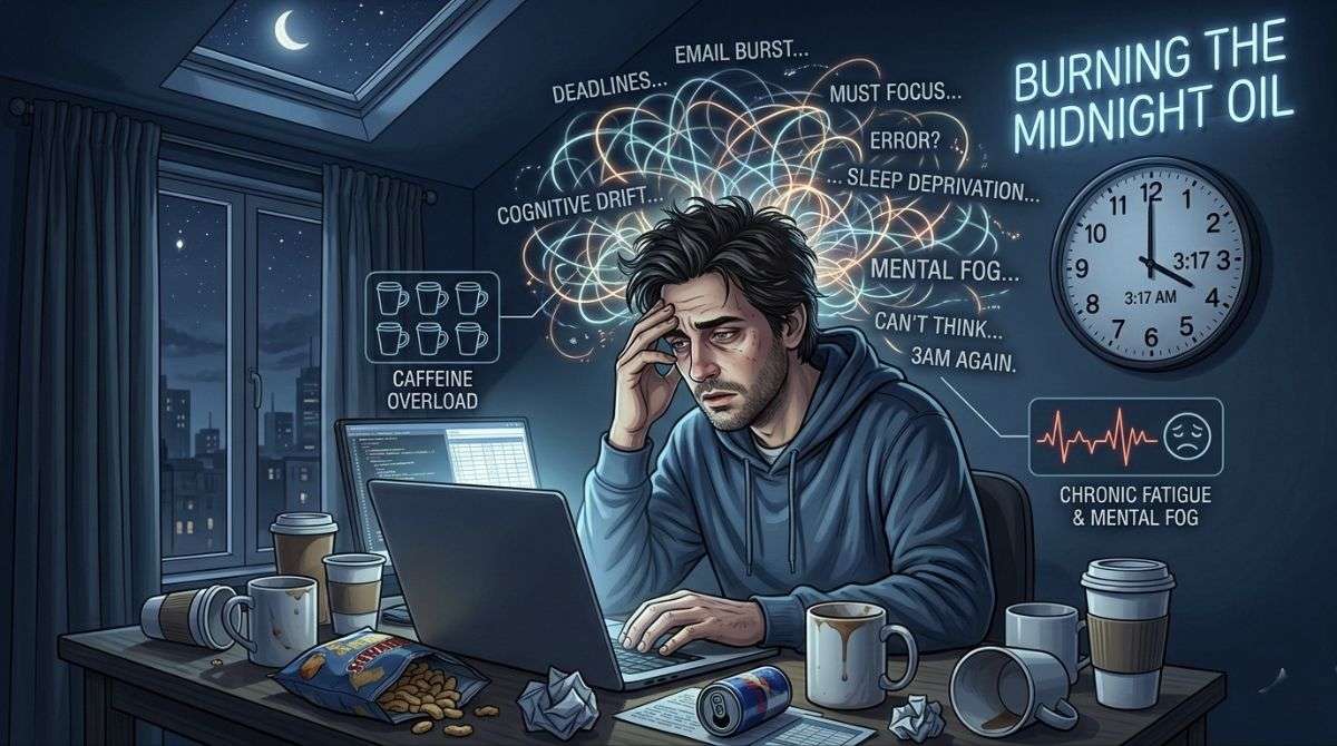 Man suffering from sleep deprivation while working late at night