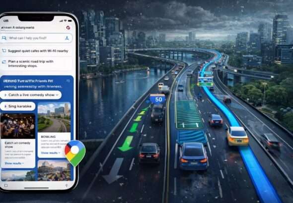 Illustration showing Google Maps AI “Ask Maps” feature and immersive 3D navigation route with real-time traffic and city view