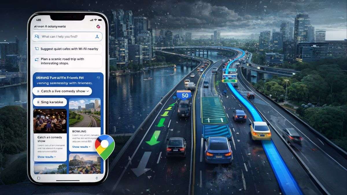 Illustration showing Google Maps AI “Ask Maps” feature and immersive 3D navigation route with real-time traffic and city view