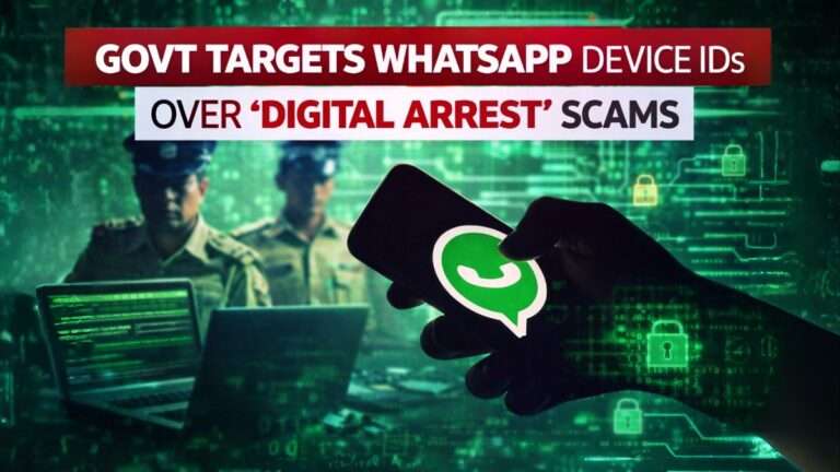 Government action against WhatsApp digital arrest scams with device ID blocking cyber crime concept India