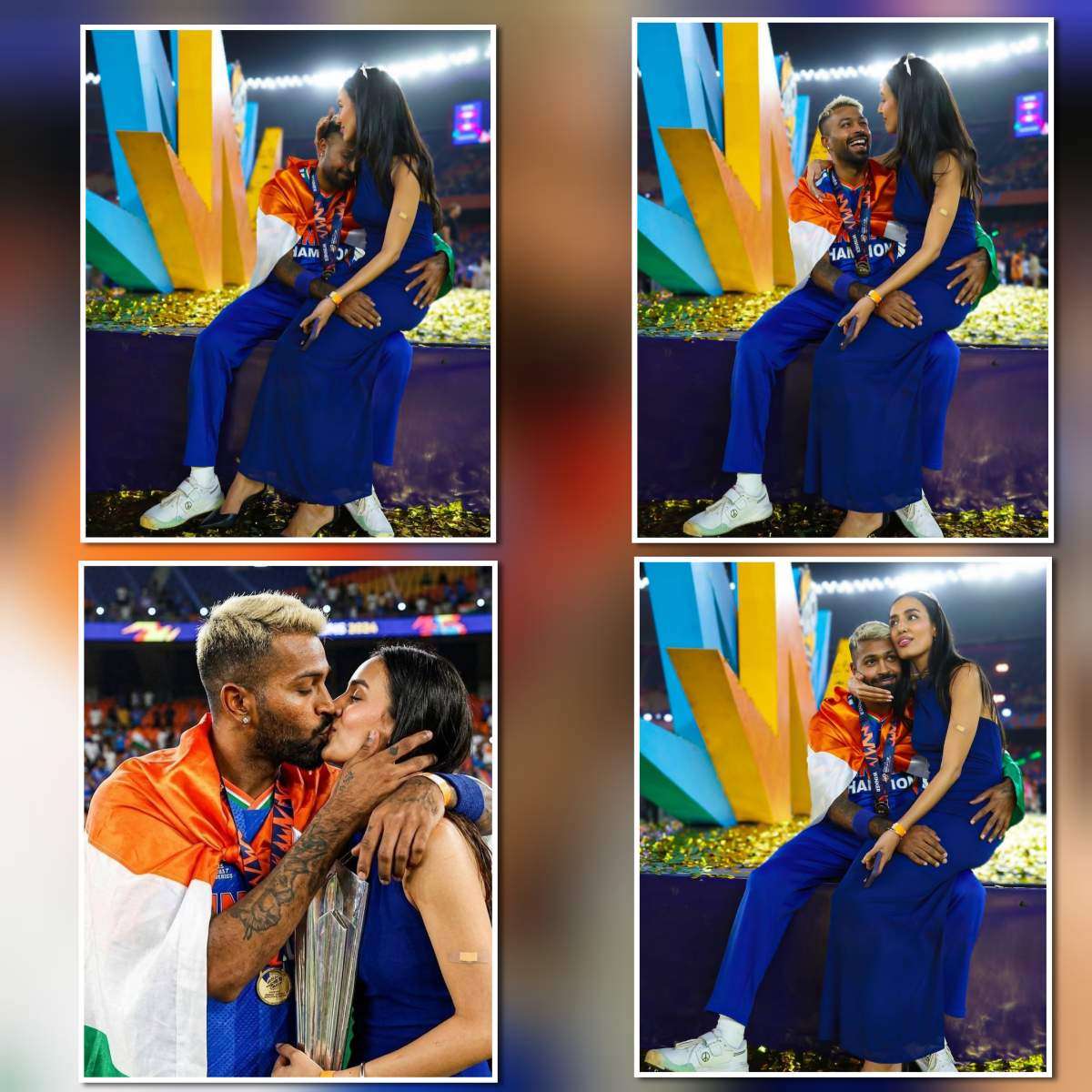 Hardik Pandya celebrating with the Indian national flag and his partner during a post-match celebration at a cricket stadium after a major tournament victory.