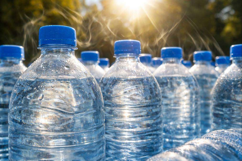 Plastic water bottles exposed to direct sunlight showing potential microplastic release due to heat.