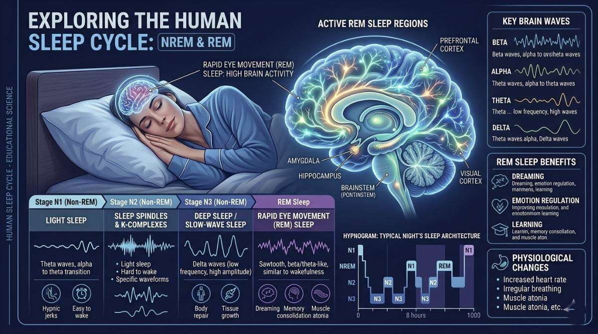 Human brain activity during sleep showing REM sleep stage and neural signals