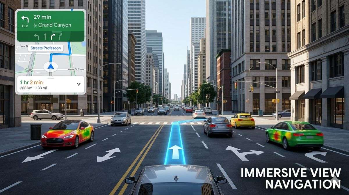 Google Maps immersive navigation showing a 3D route preview with traffic and lane guidance.