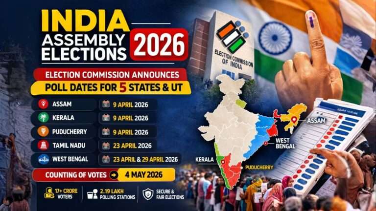 Election Commission of India announces 2026 Assembly election schedule for Assam, Kerala, Tamil Nadu, West Bengal and Puducherry with voting dates and counting day.