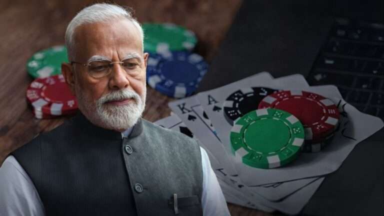 Indian Prime Minister Narendra Modi with gambling chips and playing cards representing government crackdown on illegal betting apps in India