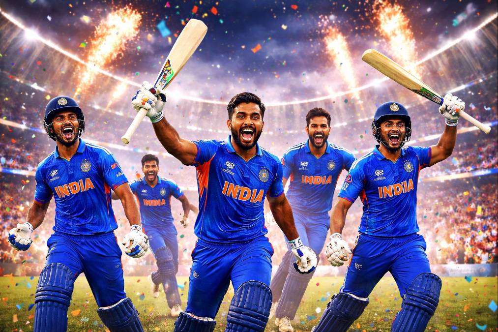 Indian cricket players celebrating victory during ICC Men's T20 World Cup 2026 final match in a packed stadium