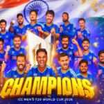 India celebrating ICC Men’s T20 World Cup 2026 victory with players holding the championship trophy and Champions text