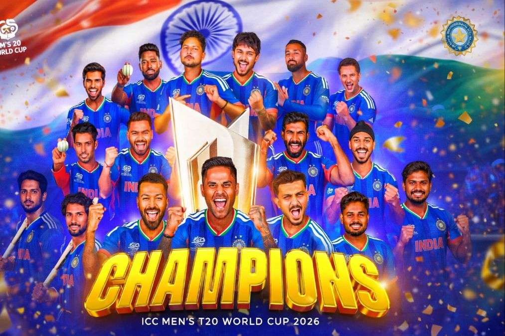 India celebrating ICC Men’s T20 World Cup 2026 victory with players holding the championship trophy and Champions text