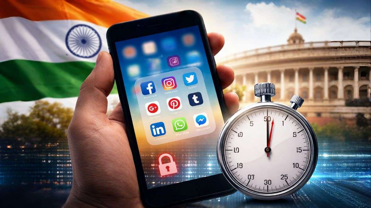 India online content takedown rule proposal showing smartphone with social media apps and 1 hour deadline concept with Indian Parliament background