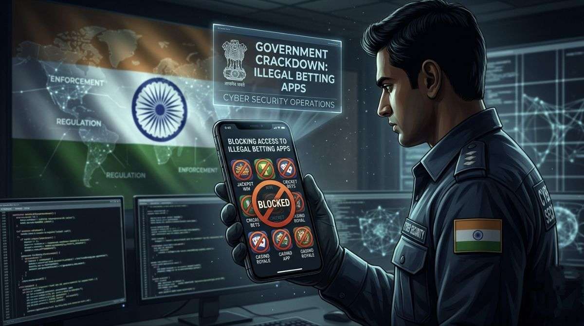 Government blocking illegal betting apps on smartphone screen India crackdown visual