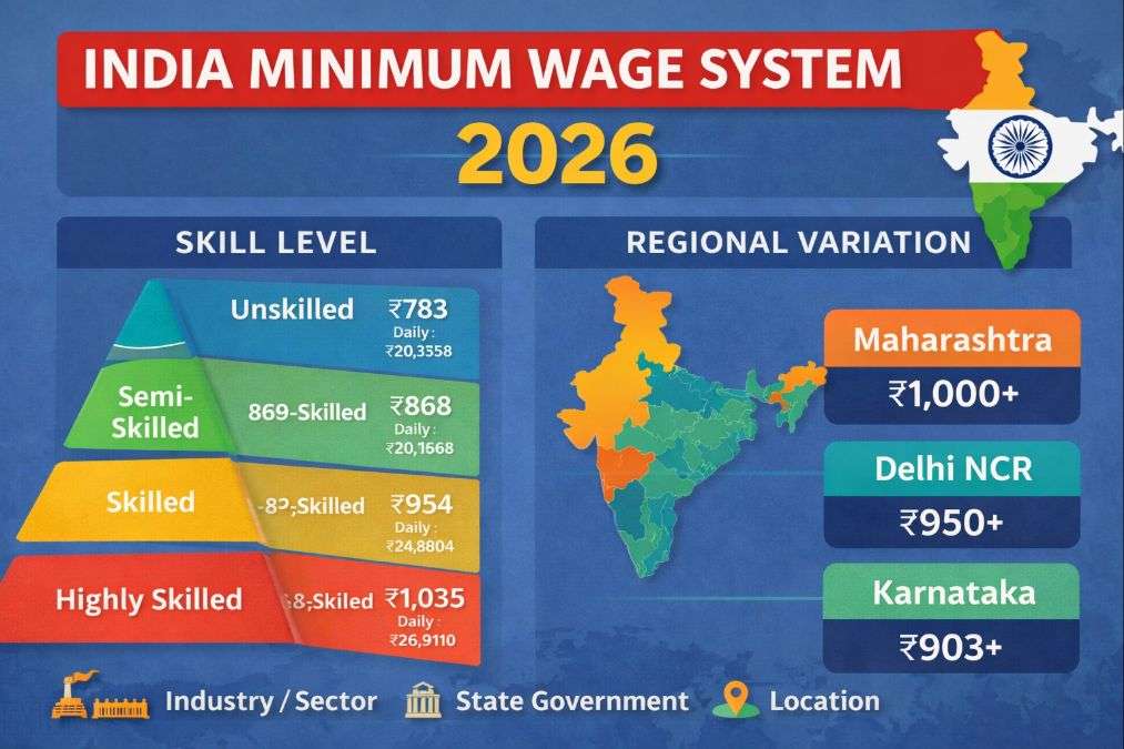 India minimum wage system 2026 infographic showing skill level wages, regional variation across states and salary structure India labour law
