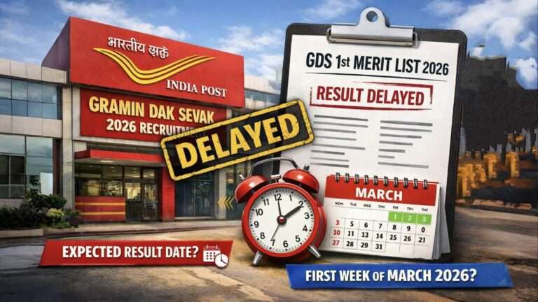 India Post GDS 1st Merit List 2026 result delayed notice with India Post office building, merit list document, clock and March calendar showing expected result date.