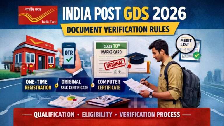 India Post GDS 2026 document verification process showing one-time registration, original SSLC marks card requirement and computer certificate eligibility details