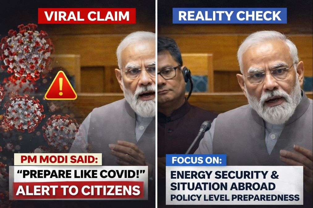 Prime Minister Modi speech visual highlighting India focus on energy security economic stability and safety of citizens during Middle East crisis