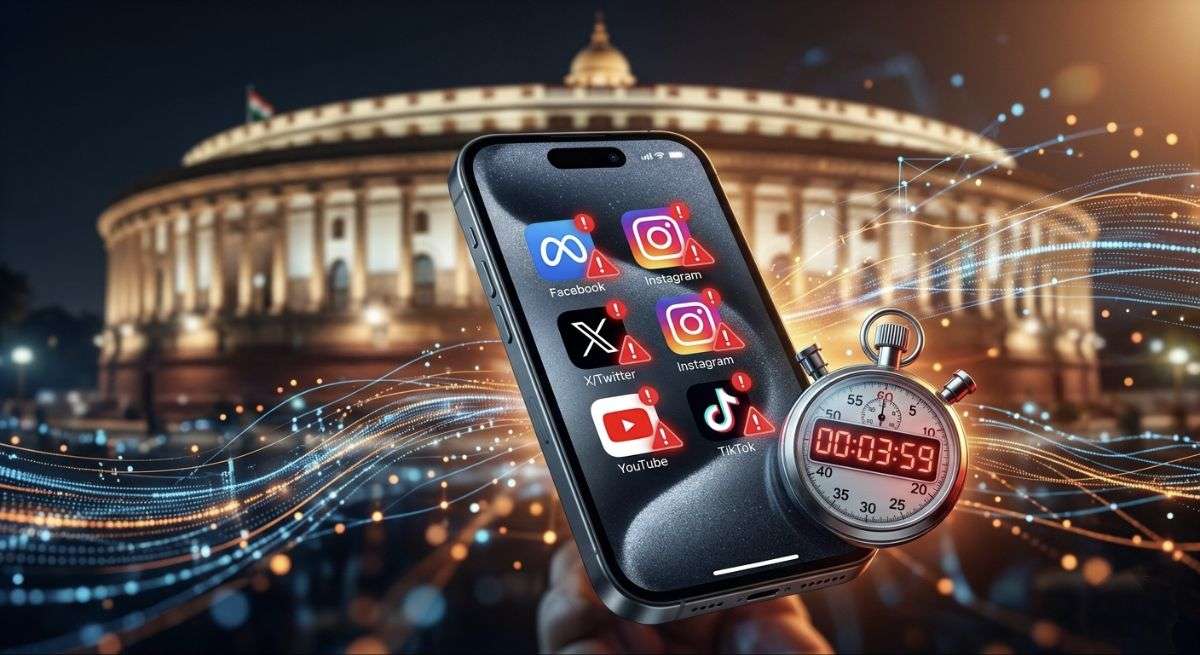India social media regulation concept showing smartphone apps alert with parliament background and fast content removal deadline