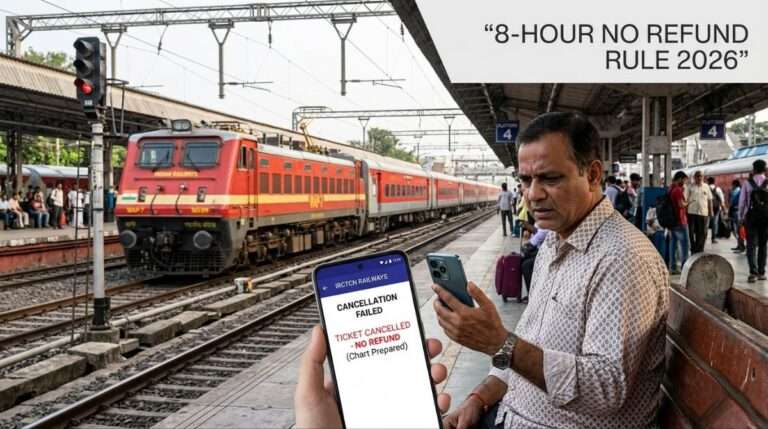 Indian Railways 2026 ticket cancellation rules showing 8 hour no refund policy with passenger and train