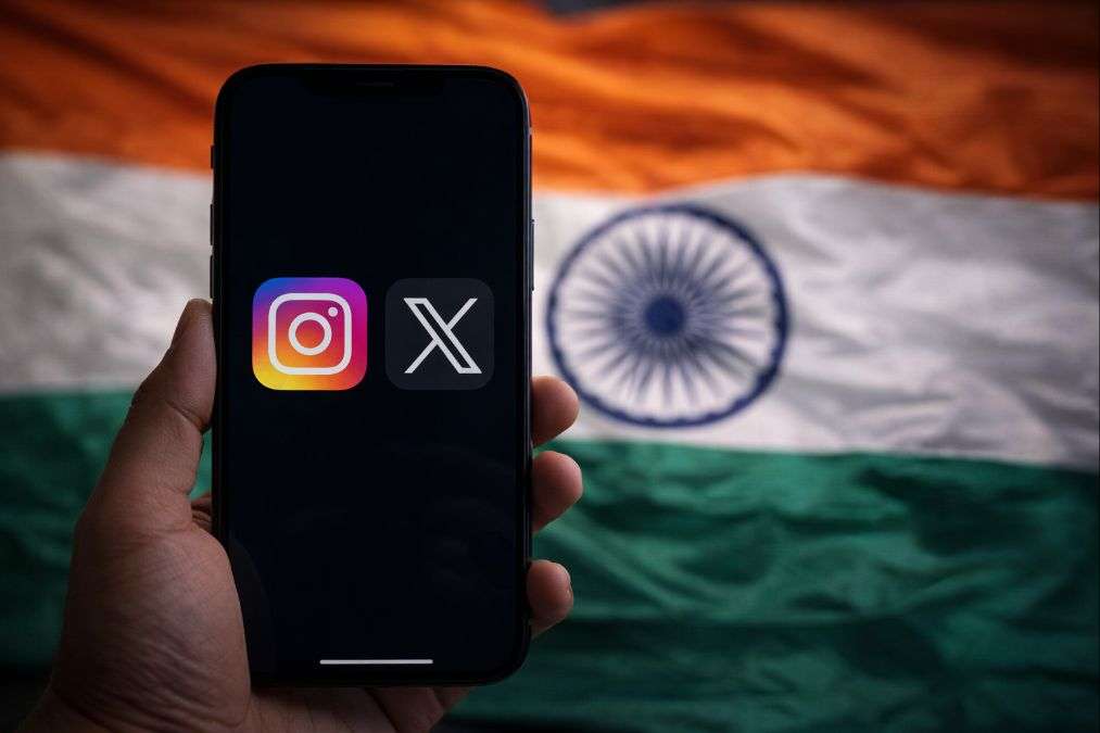 Instagram and X social media apps on smartphone with Indian flag
