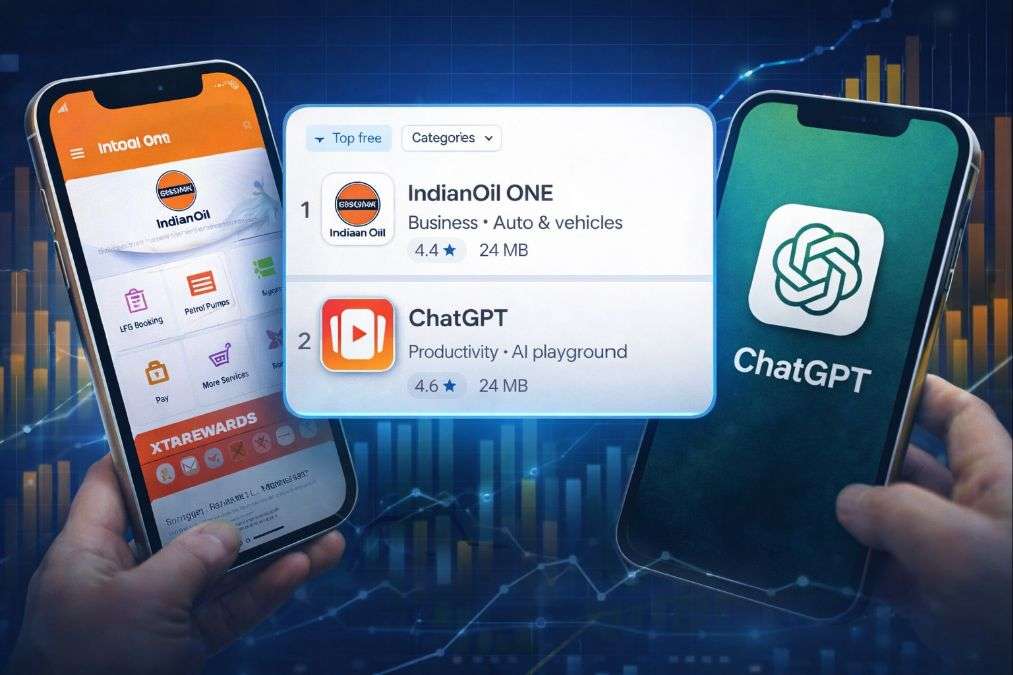 AI generated illustration showing IndianOil ONE app ranking number one on Google Play Store in India above ChatGPT with smartphones displaying both apps RAAD WORLD