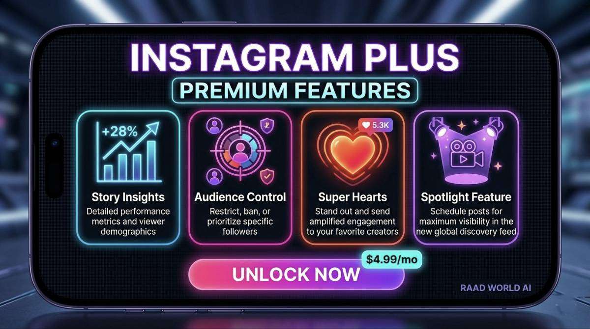 Instagram Plus premium features interface showing story insights, audience targeting, and engagement tools RAAD WORLD AI generated image