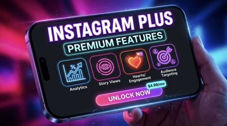 Instagram Plus premium subscription interface showing exclusive features like story insights, audience control, and engagement tools