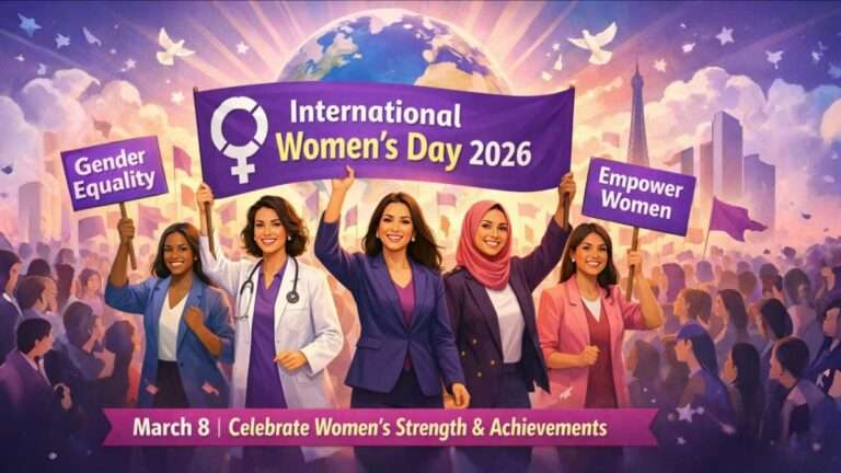 International Women's Day 2026 celebration with diverse women holding empowerment banners promoting gender equality and women's achievements