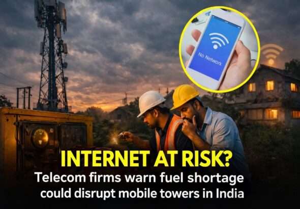Telecom engineers checking generator backup near a mobile tower as fuel shortage warning raises concerns about internet disruption in India