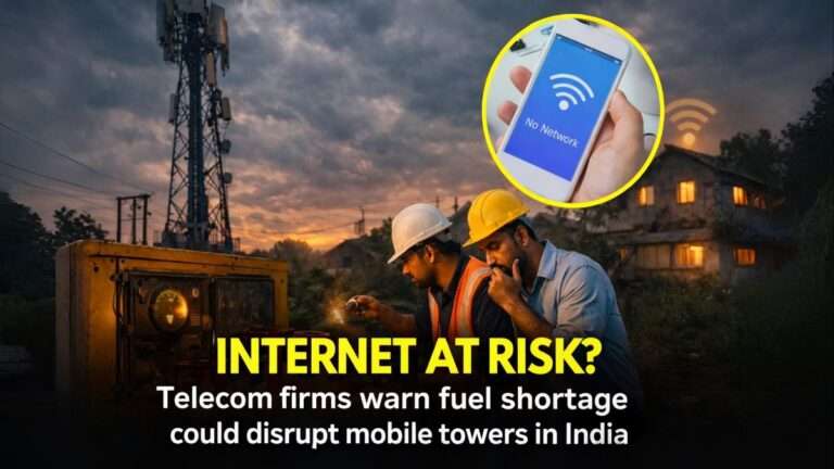 Telecom engineers checking generator backup near a mobile tower as fuel shortage warning raises concerns about internet disruption in India