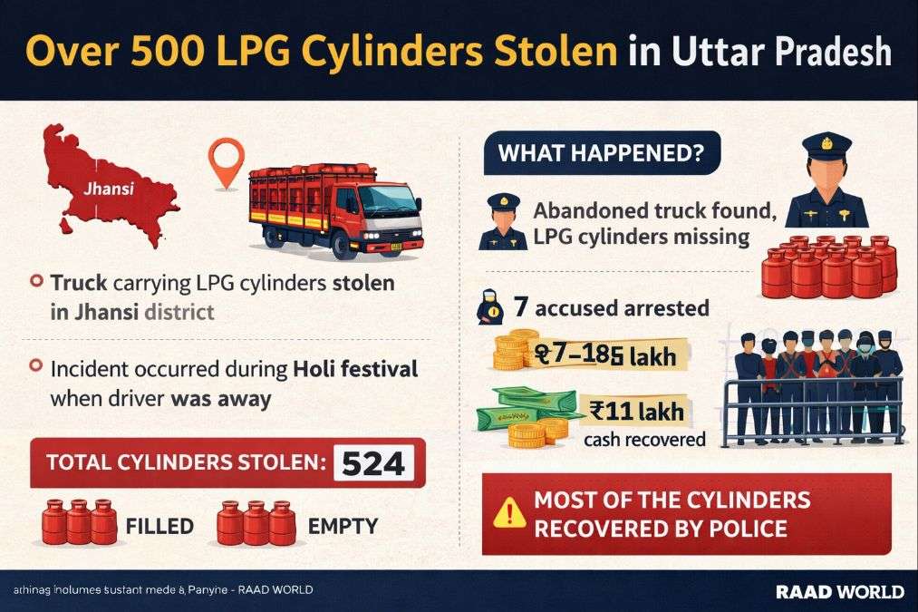 Infographic explaining Uttar Pradesh Jhansi LPG cylinder truck theft case where over 500 gas cylinders were stolen and later recovered by police