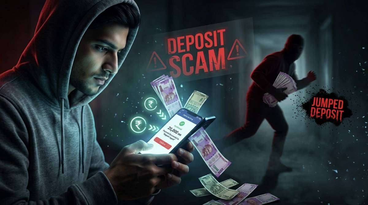 Jumped deposit scam illustration showing money transfer and scammer disappearing