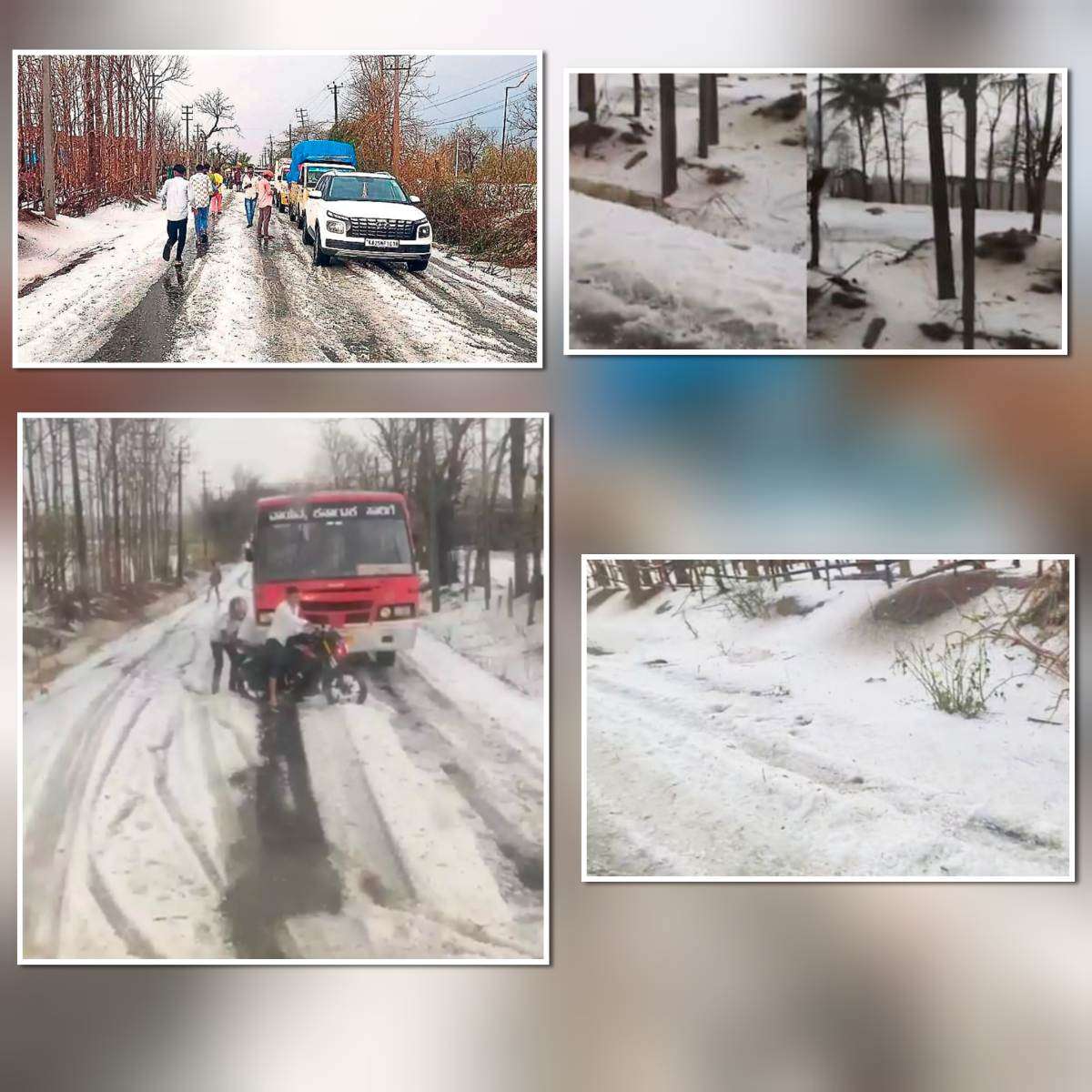 Karnataka hailstorm 2026 road covered with ice hailstones vehicles traffic disruption rural areas damage heavy hail rain India