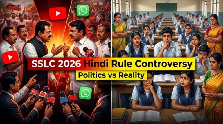 Karnataka SSLC 2026 Hindi rule controversy showing political debate and confused students in a split-screen design