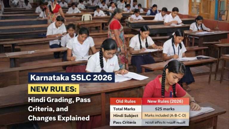 Karnataka SSLC 2026 new rules classroom exam Hindi grading system pass criteria changes explained students writing exam