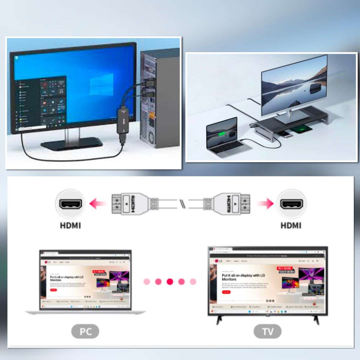 Laptop connected to TV using HDMI cable displaying extended screen