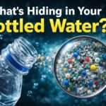 Close-up of a plastic water bottle with magnified view showing microplastic particles inside bottled drinking water against a dark background.