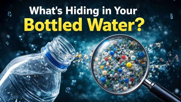 Close-up of a plastic water bottle with magnified view showing microplastic particles inside bottled drinking water against a dark background.