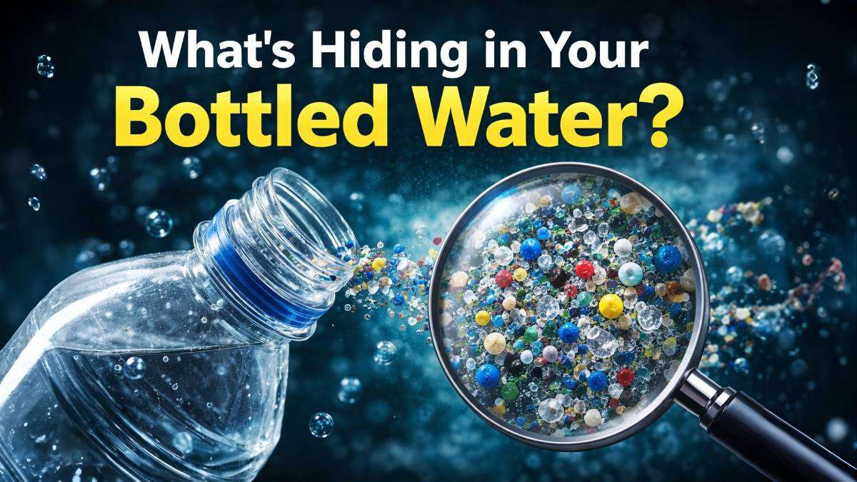 Close-up of a plastic water bottle with magnified view showing microplastic particles inside bottled drinking water against a dark background.