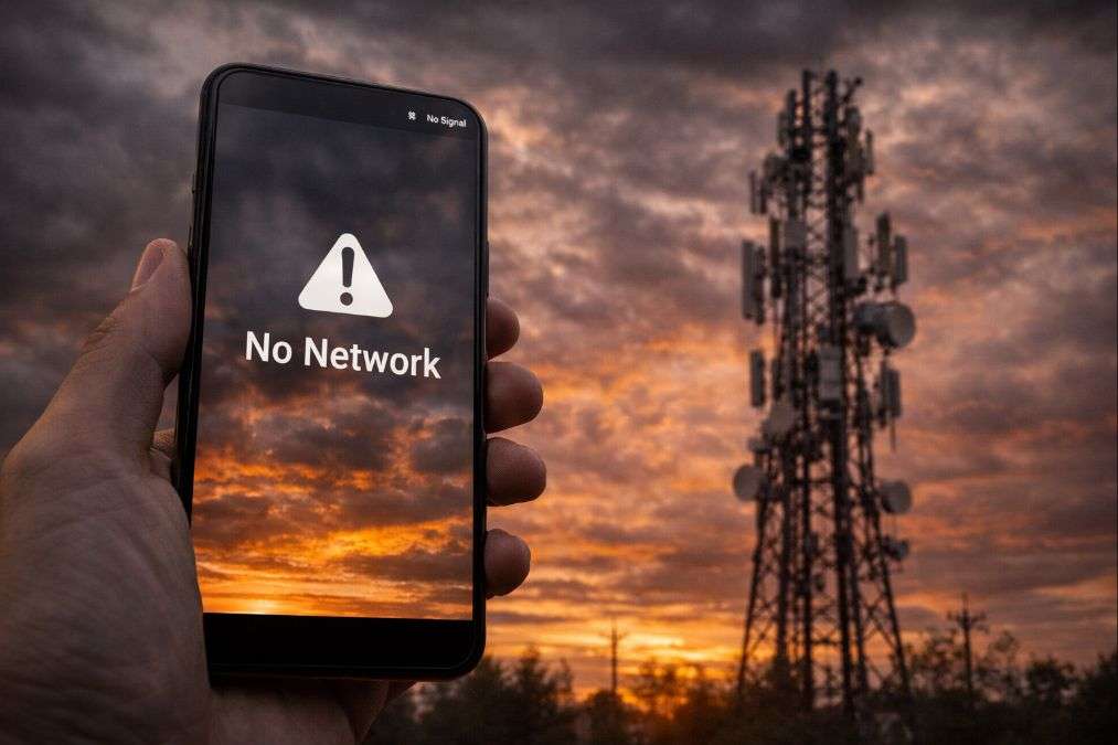 Smartphone showing no network signal with telecom tower in background illustrating potential internet disruption.