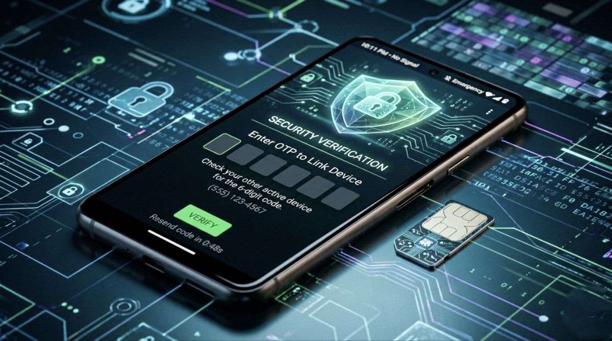 Mobile security verification screen with SIM card authentication concept