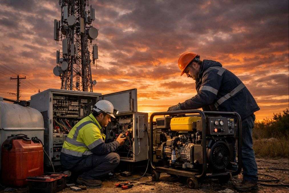 Telecom engineers inspecting generator backup system at a mobile tower to ensure uninterrupted internet and network connectivity.