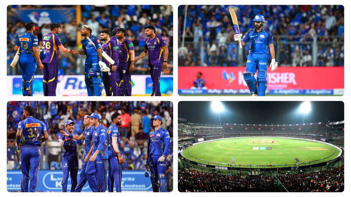 Mumbai Indians vs Kolkata Knight Riders IPL 2026 match visuals including Rohit Sharma batting, MI team celebration, post-match handshake, and Wankhede Stadium crowd atmosphere