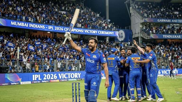 Mumbai Indians players celebrating IPL 2026 opening match win at Wankhede Stadium