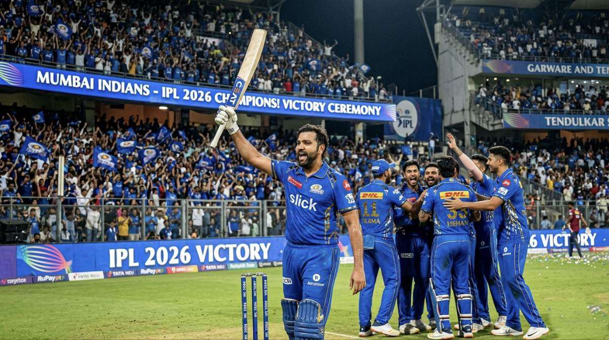 Mumbai Indians players celebrating IPL 2026 opening match win at Wankhede Stadium
